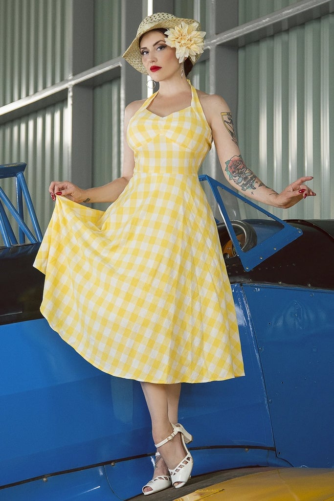 Yellow Gingham Halter Dress with Straw Hat — 50s Style