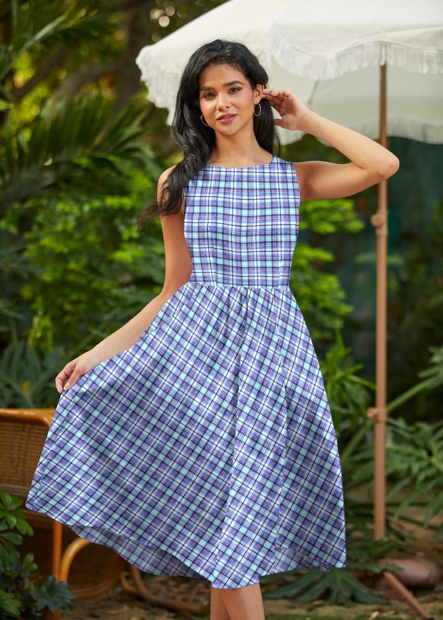 Blue Gingham Fit-and-Flare Midi Dress — 50s Style