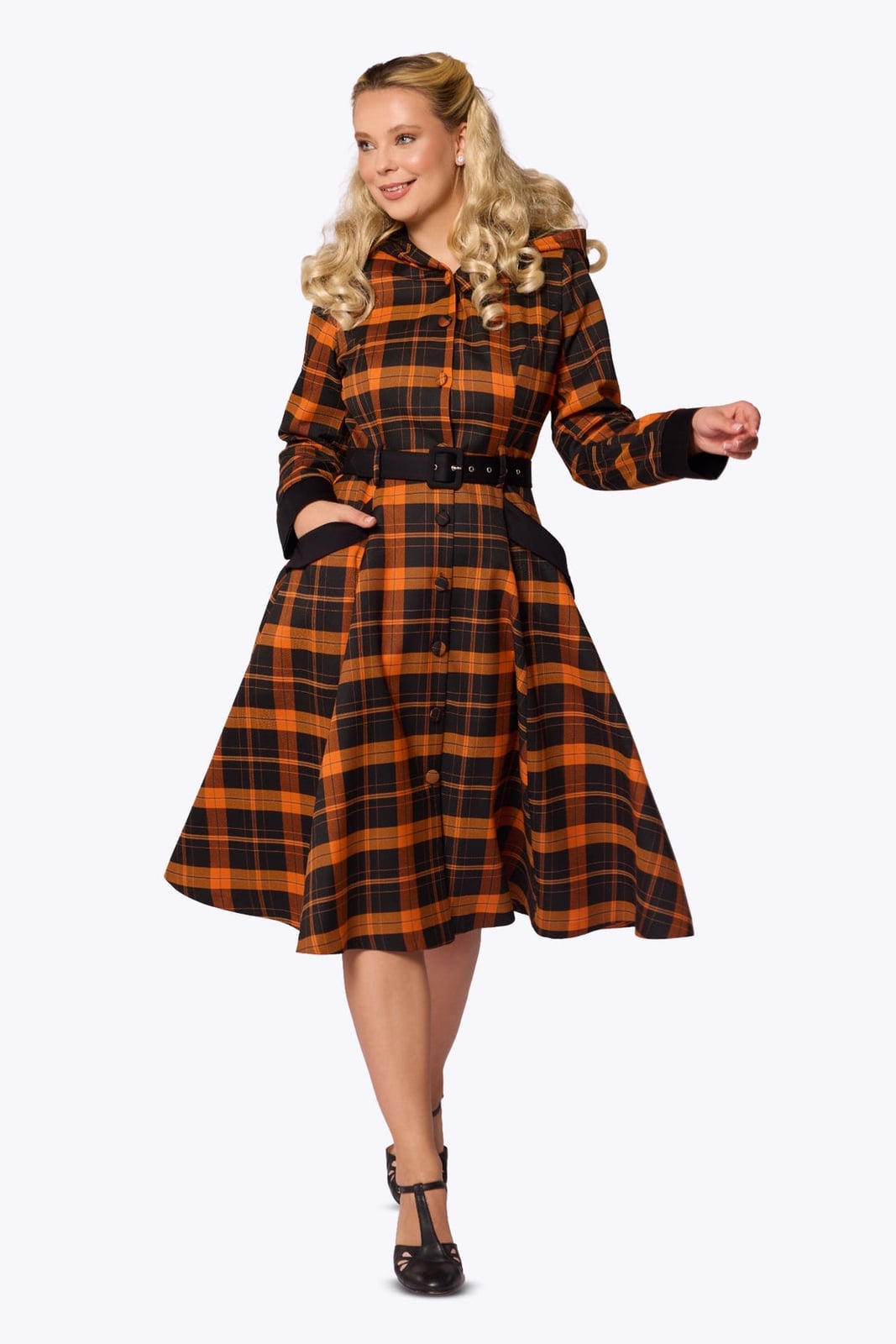 Orange Plaid Shirt Dress with Belt — 50s Style