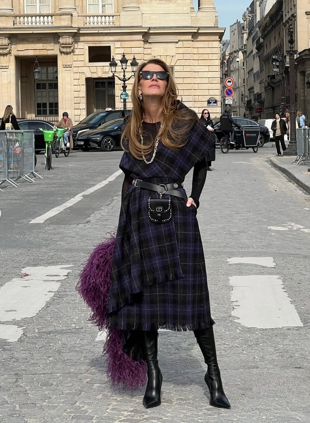 Purple Plaid Cape Over Midi Dress — 50s Style