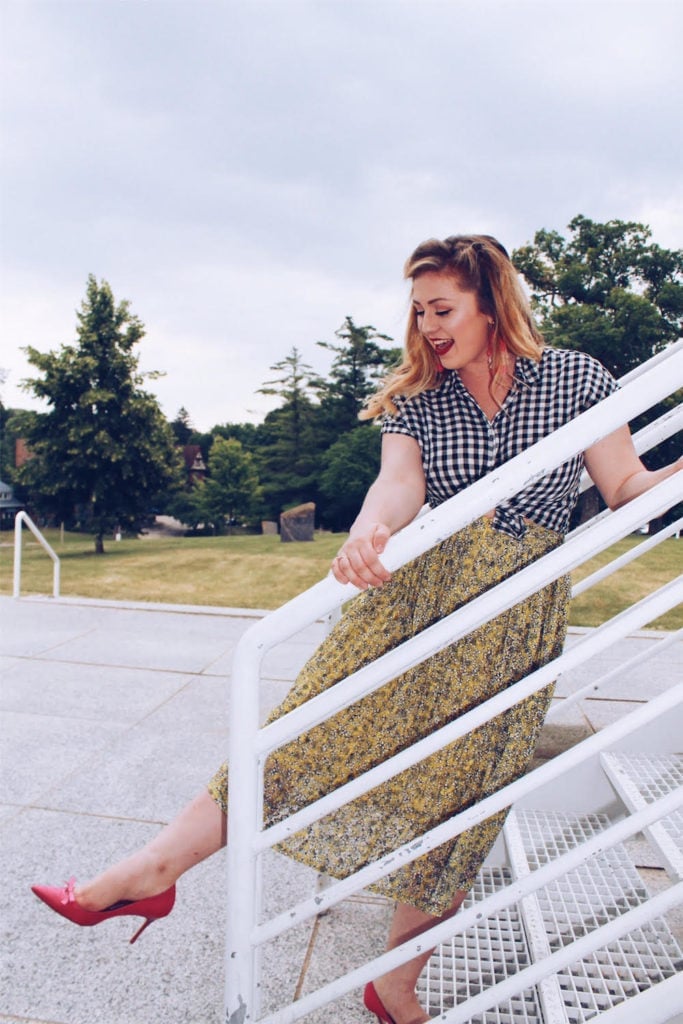 Gingham Shirt with Floral Midi Skirt — 50s Style