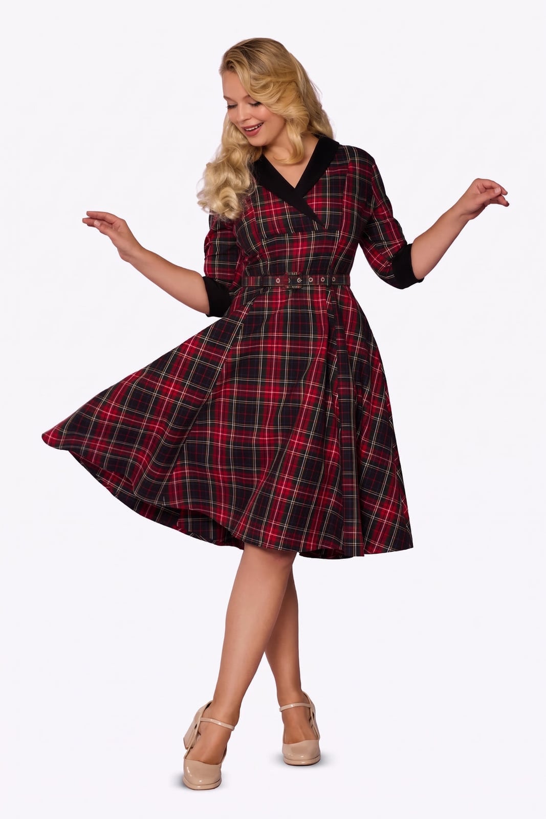 Plaid Fit-and-Flare Midi Dress with Belt — 50s Style