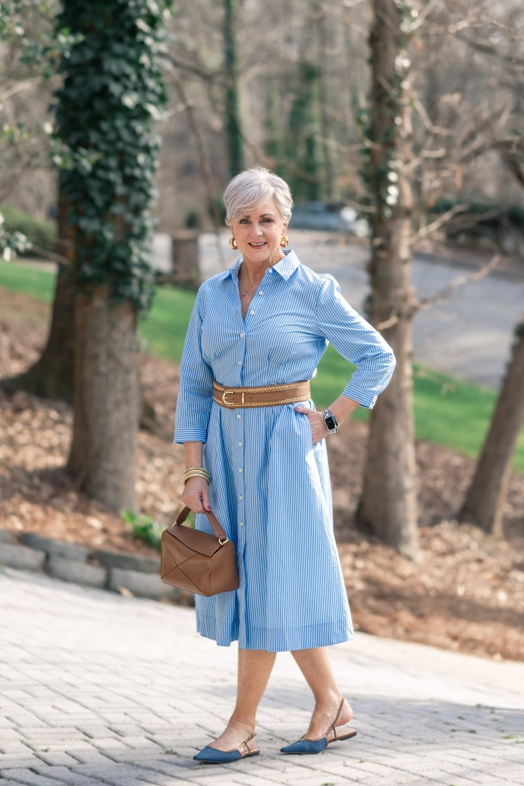 Striped Cotton Shirt Dress with Braided Belt — 50s Style