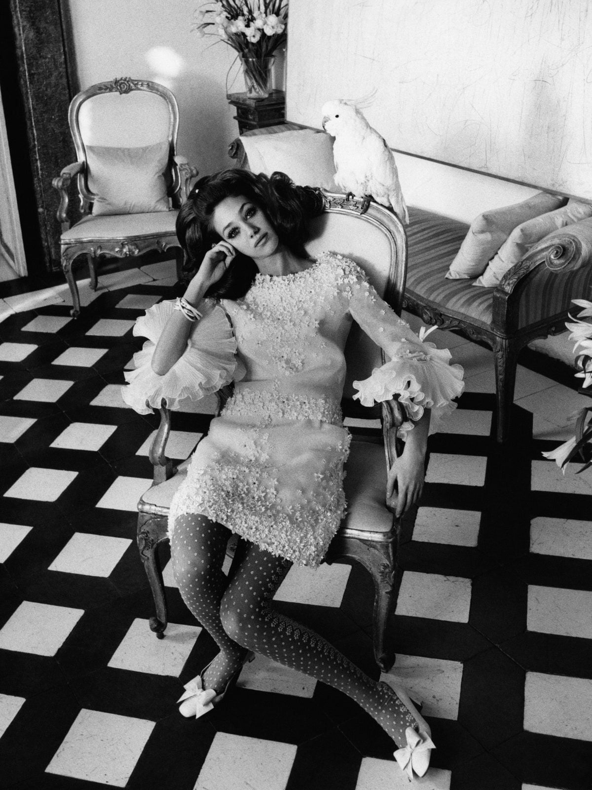 Embellished Mini Dress With Sheer Sleeves and Polka Dot Hosiery Embellished Mini Dress With Sheer Sleeves and Polka Dot Hosiery — 60s Outfits