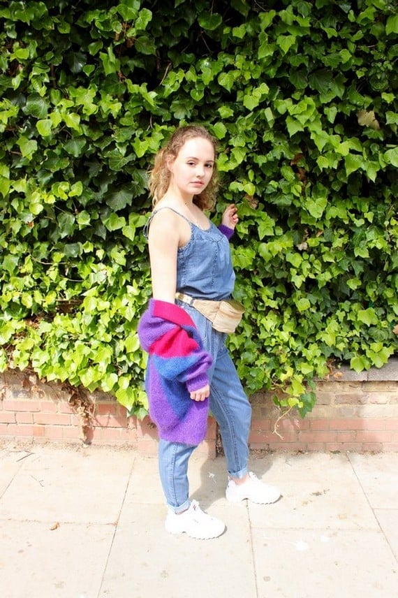 Denim Jumpsuit with Color-Blocked Cardigan Denim Jumpsuit with Color-Blocked Cardigan — 80s Style