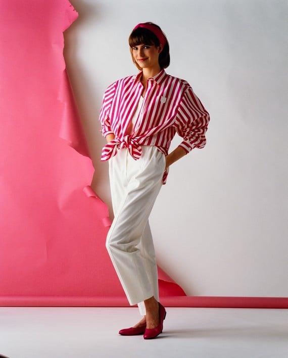Striped Shirt Tied at Waist with White Trousers Striped Shirt Tied at Waist with White Trousers — 80s Style