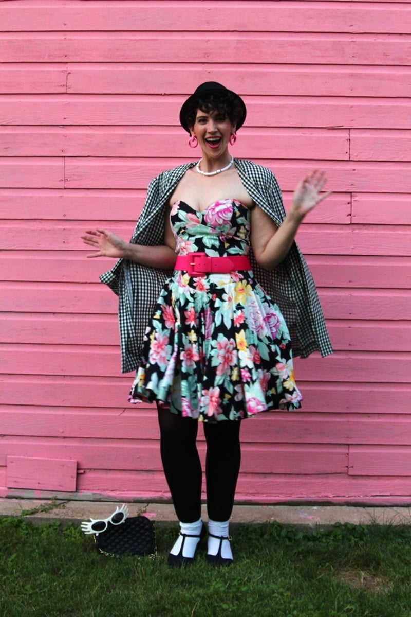 Floral Dress with Gingham Blazer and Pink Belt Floral Dress with Gingham Blazer and Pink Belt — 80s Style