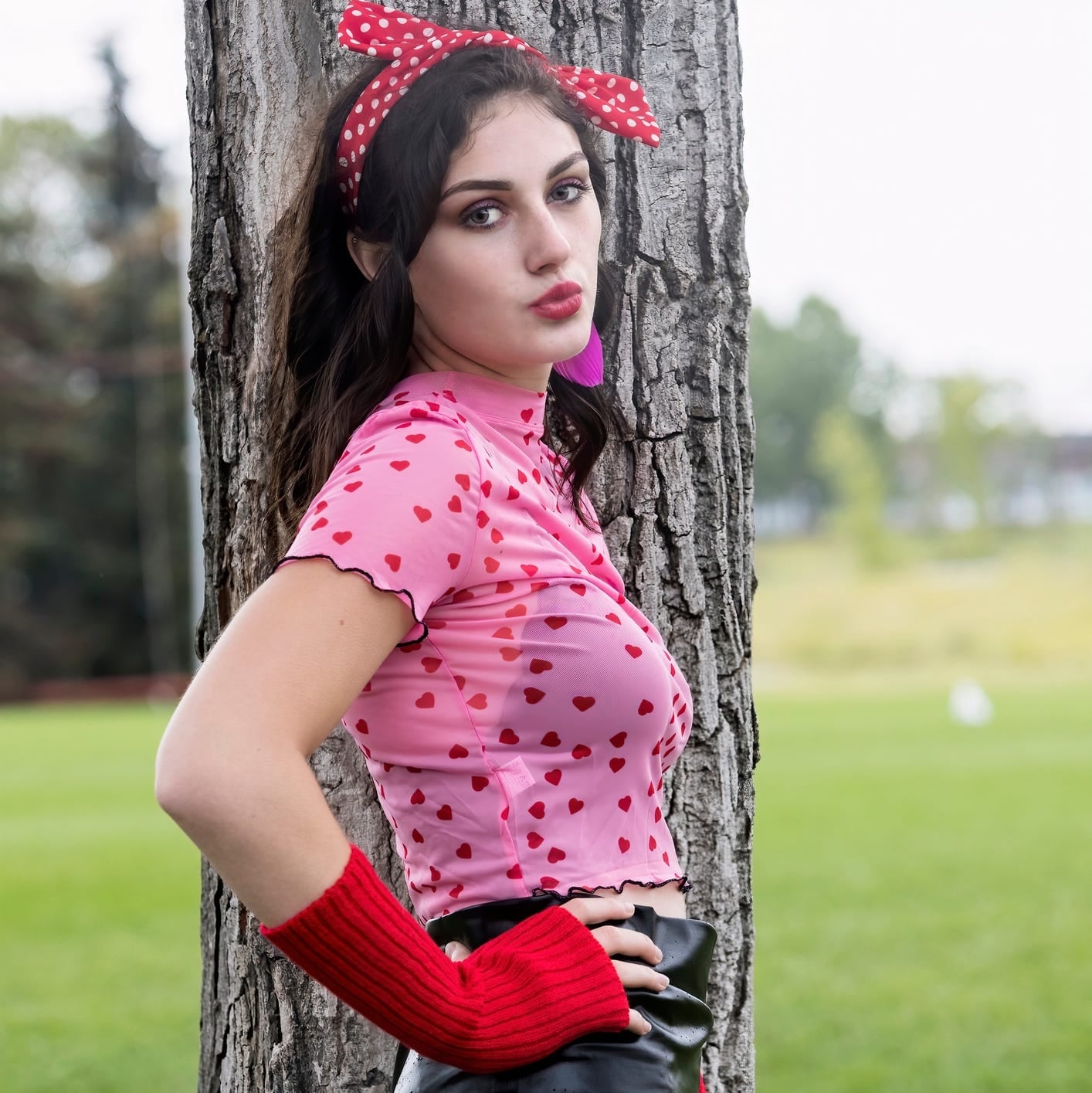 Pink Mesh Top with Red Hearts and Arm Warmers Pink Mesh Top with Red Hearts and Arm Warmers — 80s Style