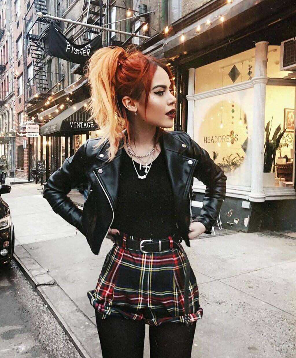 Leather Jacket with Plaid Mini Skirt Leather Jacket with Plaid Mini Skirt — 90s Party Outfit