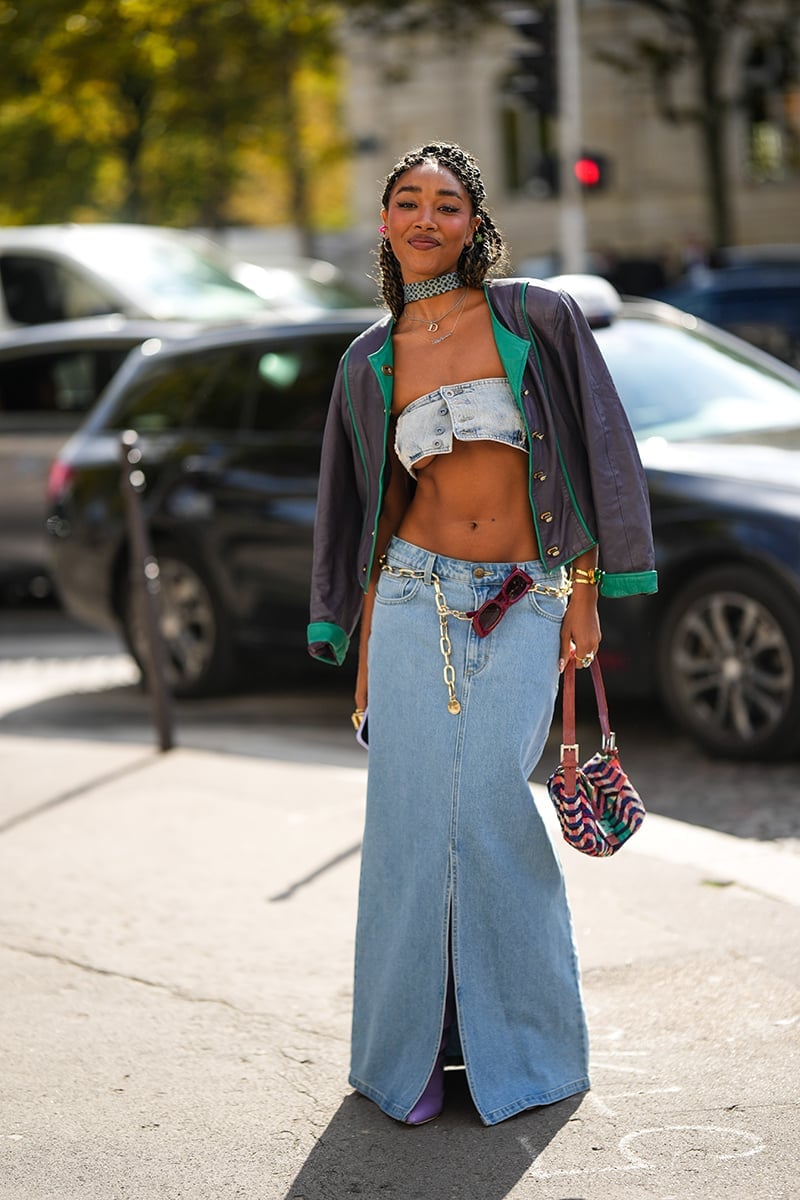 Denim Maxi Skirt and Bandeau Top for a Party Denim Maxi Skirt and Bandeau Top for a Party — 90s Party Outfit
