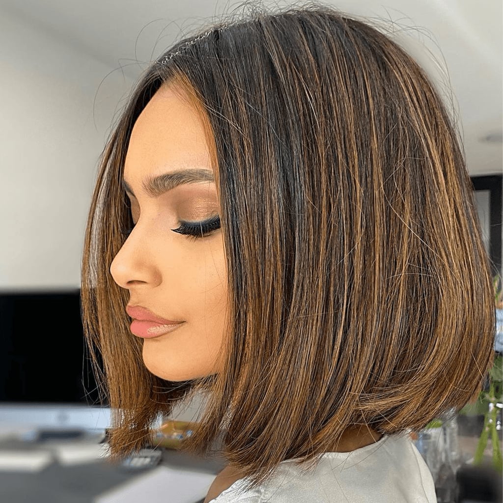 Dark Brown Chin Bob With Caramel Highlights — A-Line Bob