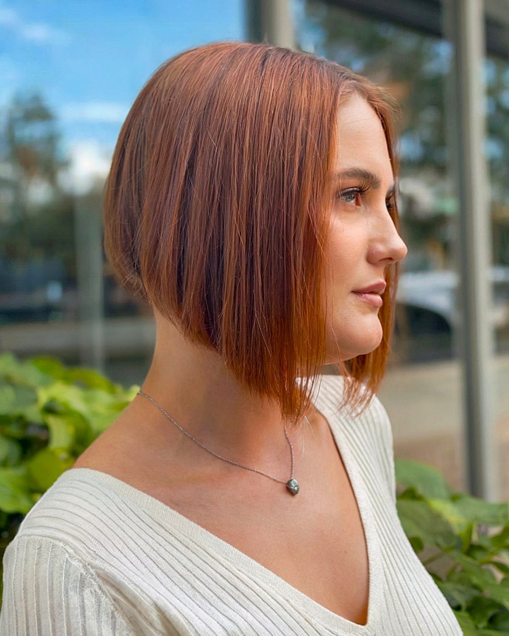 Sleek Chin Length Copper Red Bob — A-Line Bob