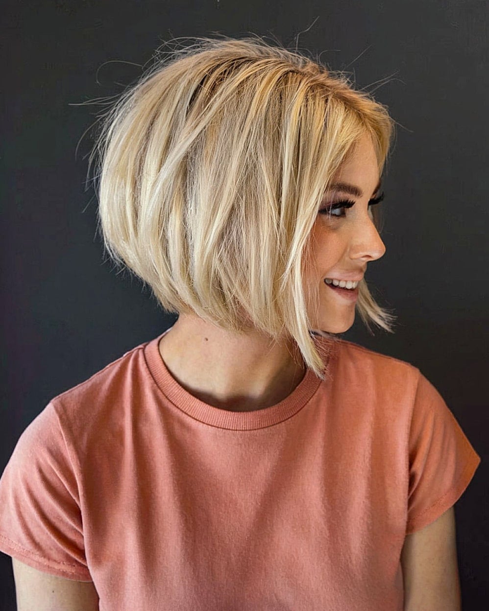 Collarbone Bob With Angled Layers And Bangs, Wavy — A-Line Bob