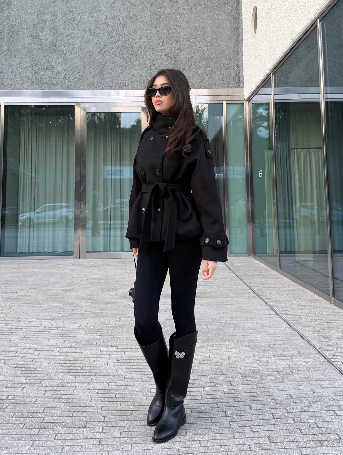 All Black Belted Coat And Knee High Boots