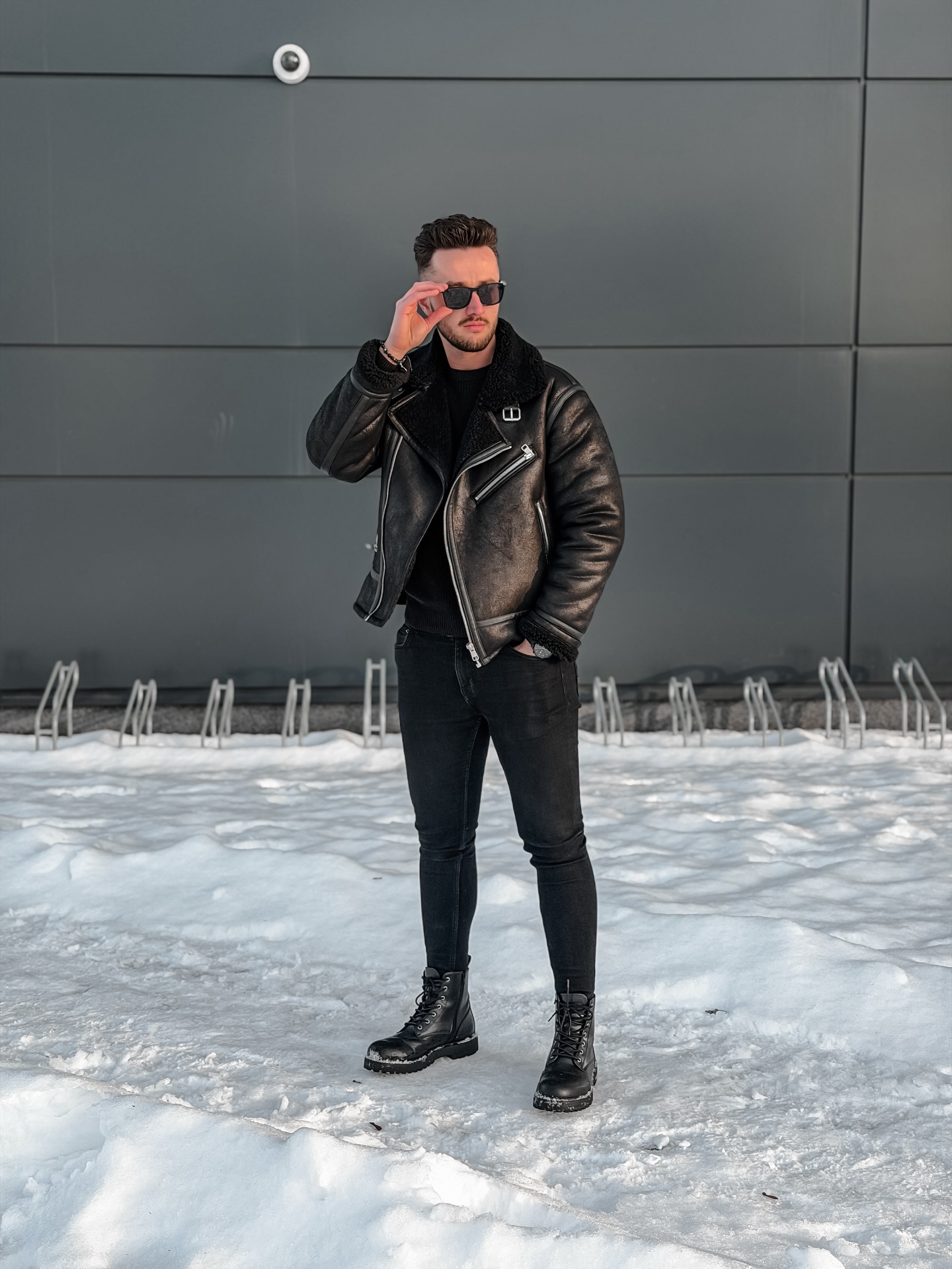 All Black Biker Jacket Winter Menswear Look