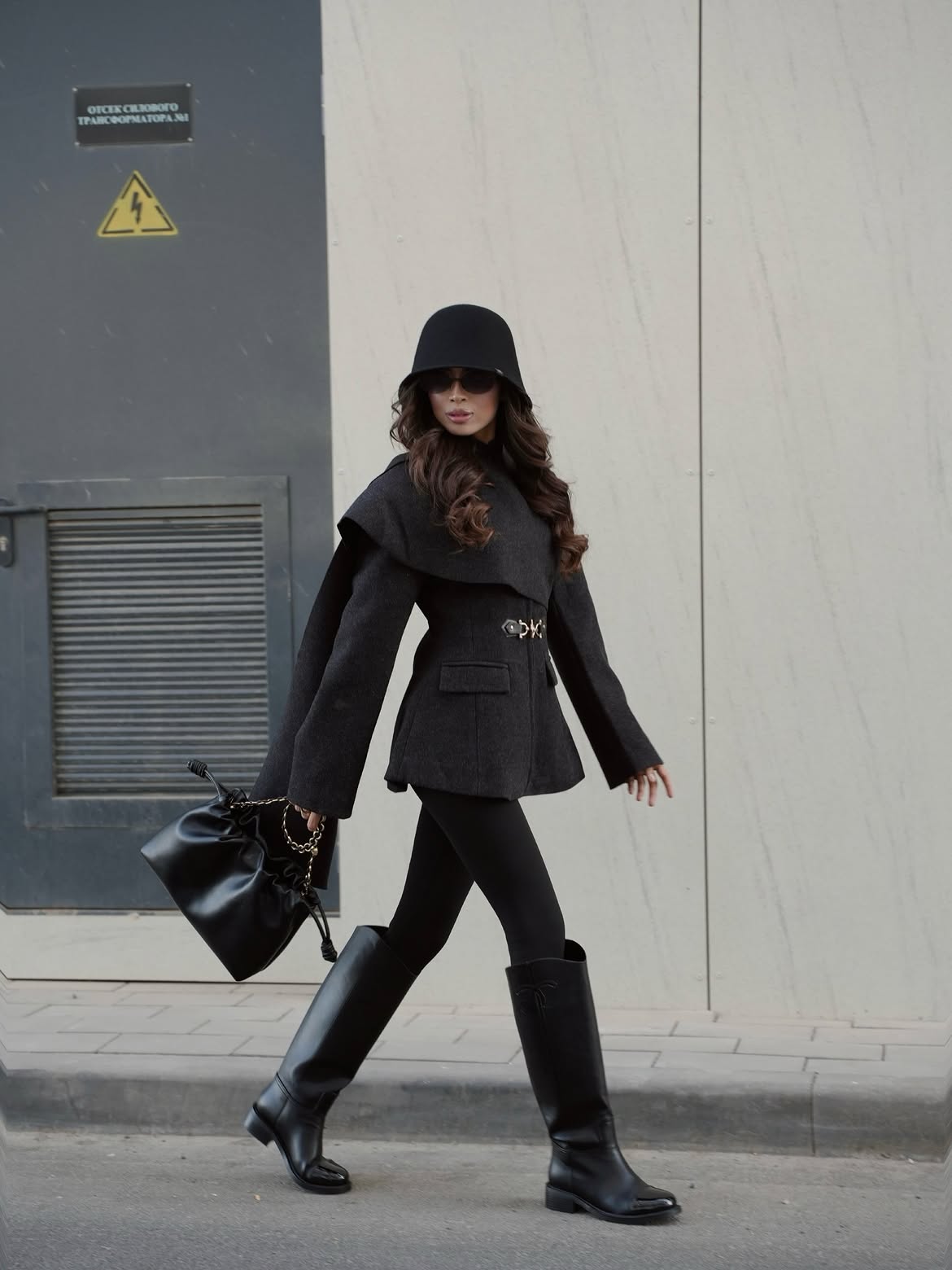 All Black Cape Blazer And Knee High Boots Look