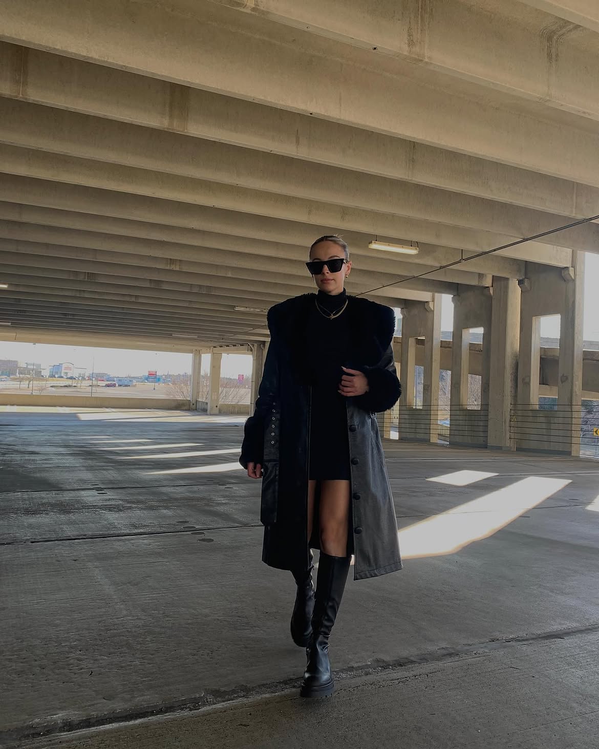 All Black Leather Trench Coat And Knee High Boots