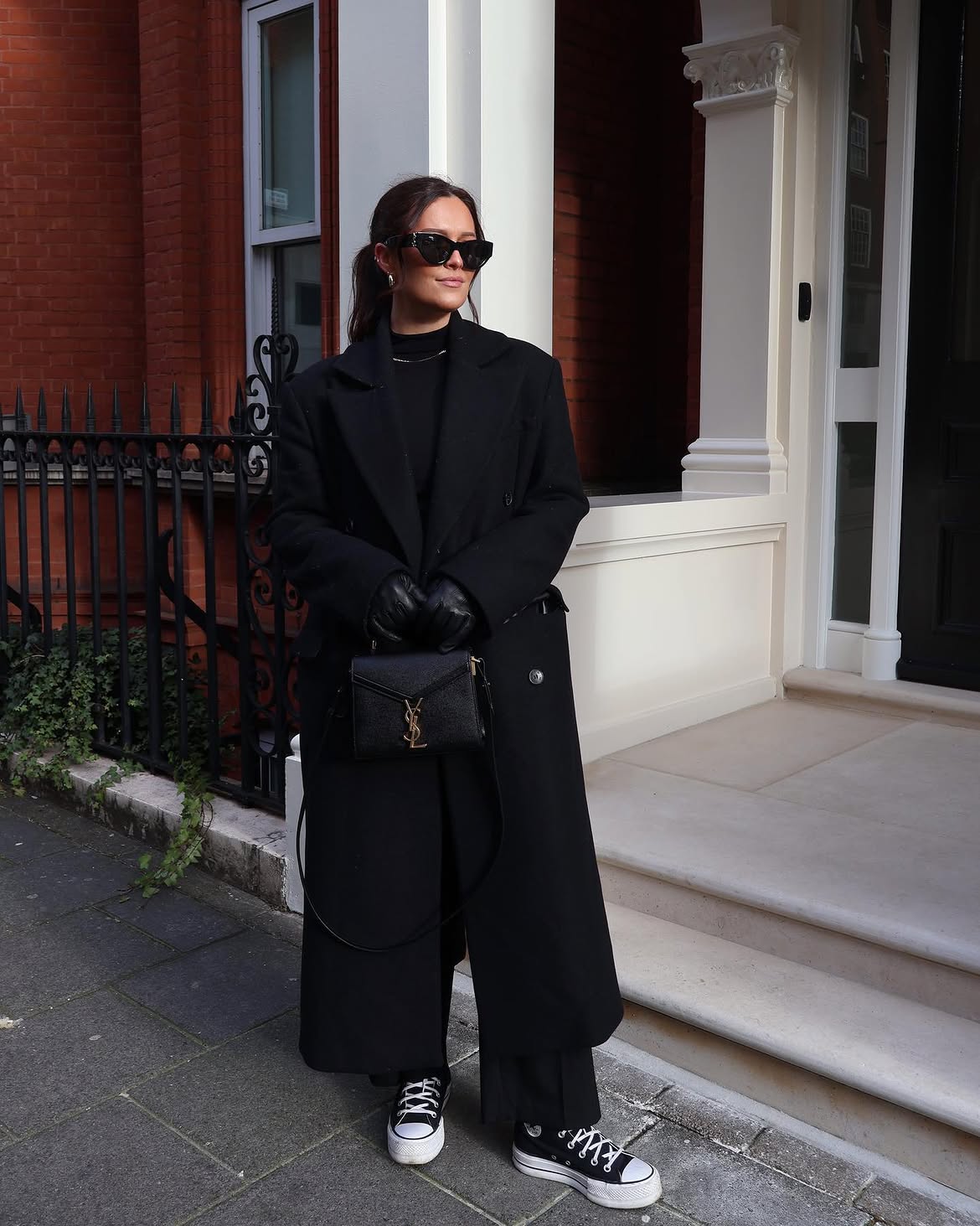All Black Long Wool Coat And Sneaker Outfit