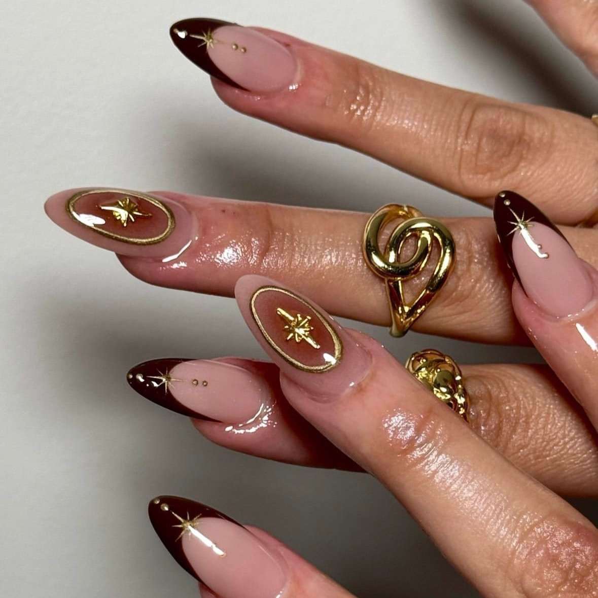 Deep Brown French Gold Accent Almond Deep Brown French Gold Accent Almond — Almond French Tip Nails