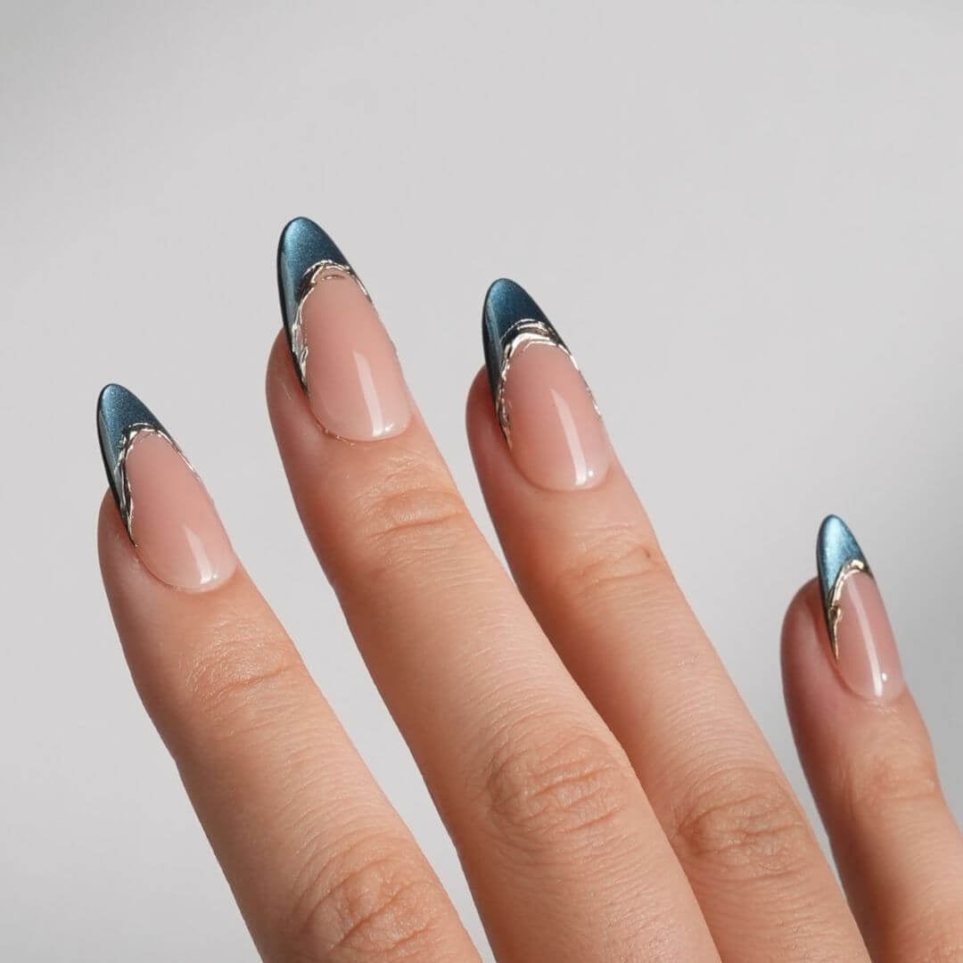 Dark Blue Silver Accent Long Almond Dark Blue Silver Accent Long Almond — Almond French Tip Nails