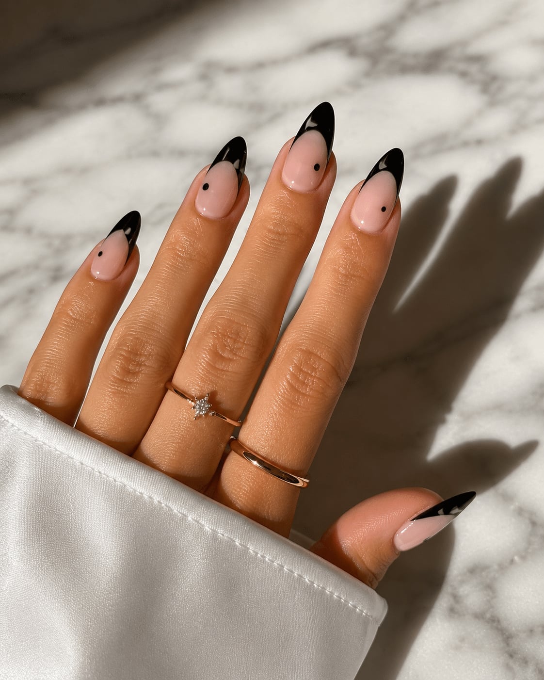Glossy Black French Dot Long Almond Glossy Black French Dot Long Almond — Almond French Tip Nails