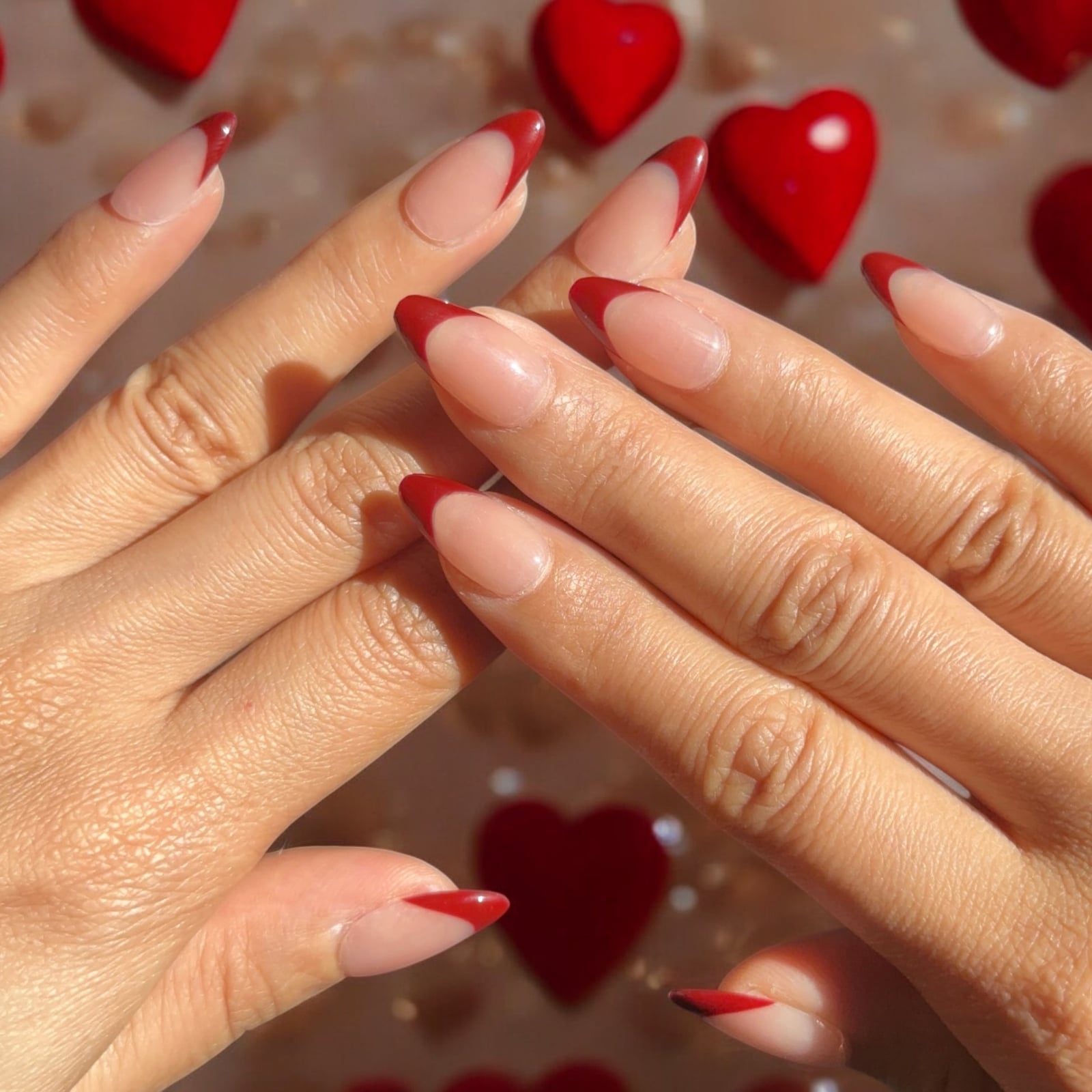 Deep V Crimson Red French Long Almond Deep V Crimson Red French Long Almond — Almond French Tip Nails