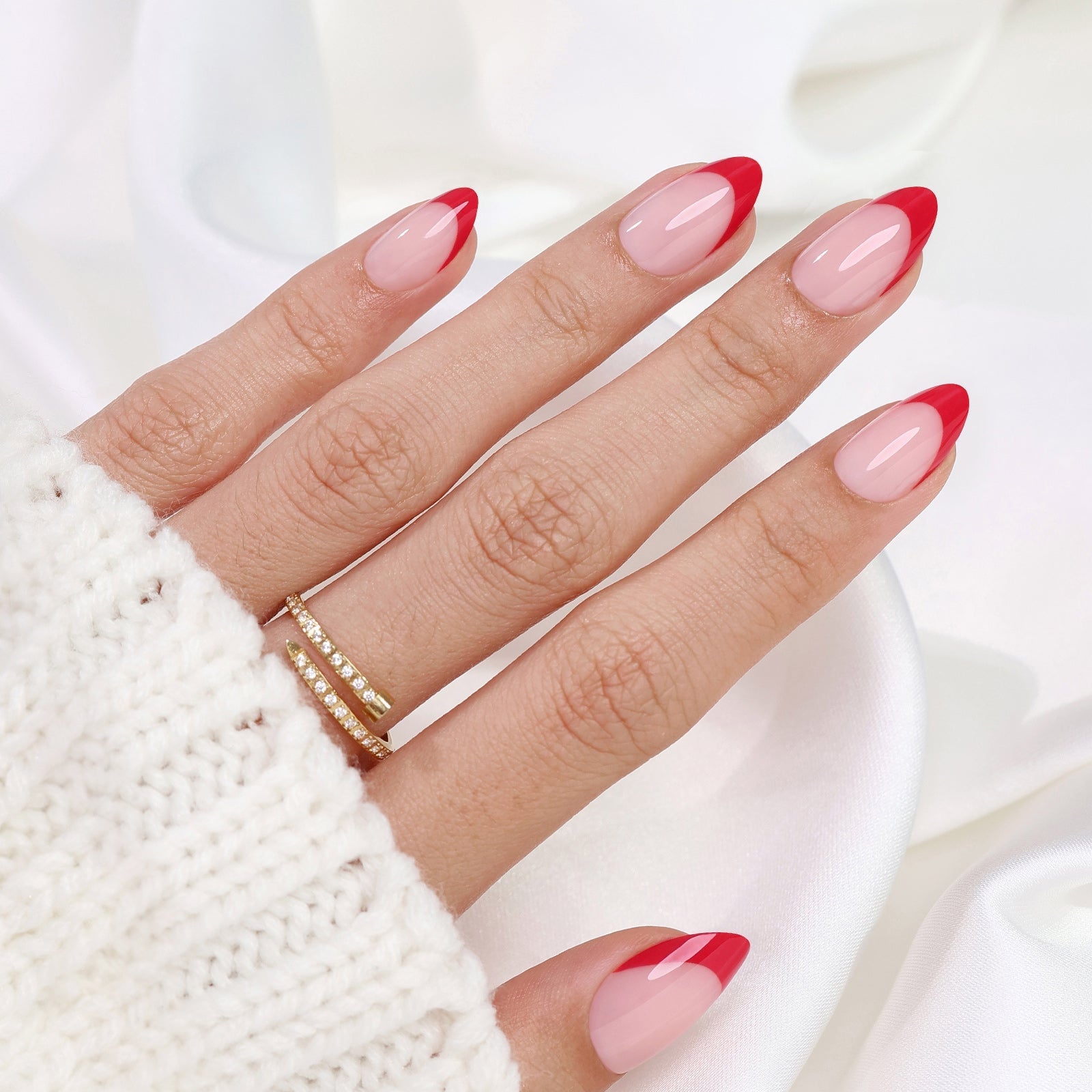Vibrant Red French Short Almond Pink Vibrant Red French Short Almond Pink — Almond French Tip Nails