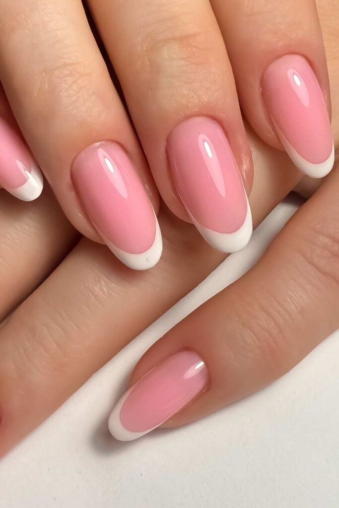 Glossy Bright Pink White French Almond Glossy Bright Pink White French Almond — Almond French Tip Nails