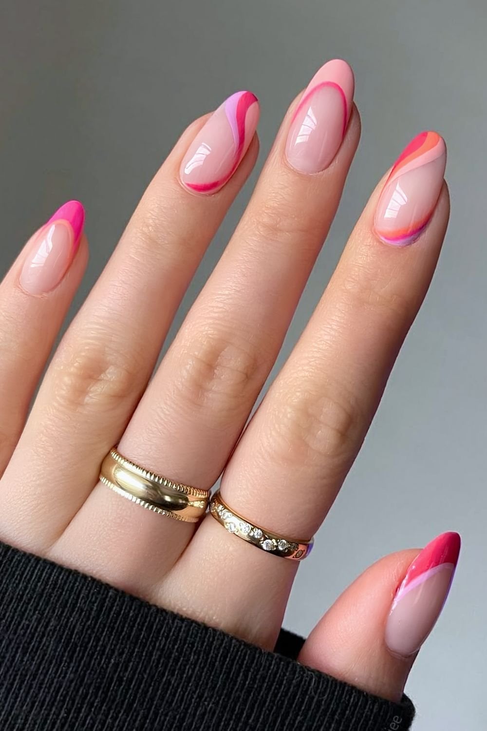 Neon Wavy French Pink Almond Neon Wavy French Pink Almond — Almond French Tip Nails