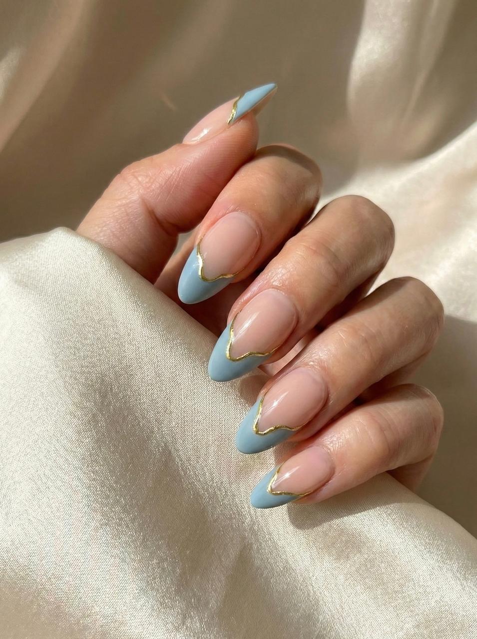 Light Blue Gold Foil Outline Almond Light Blue Gold Foil Outline Almond — Almond French Tip Nails
