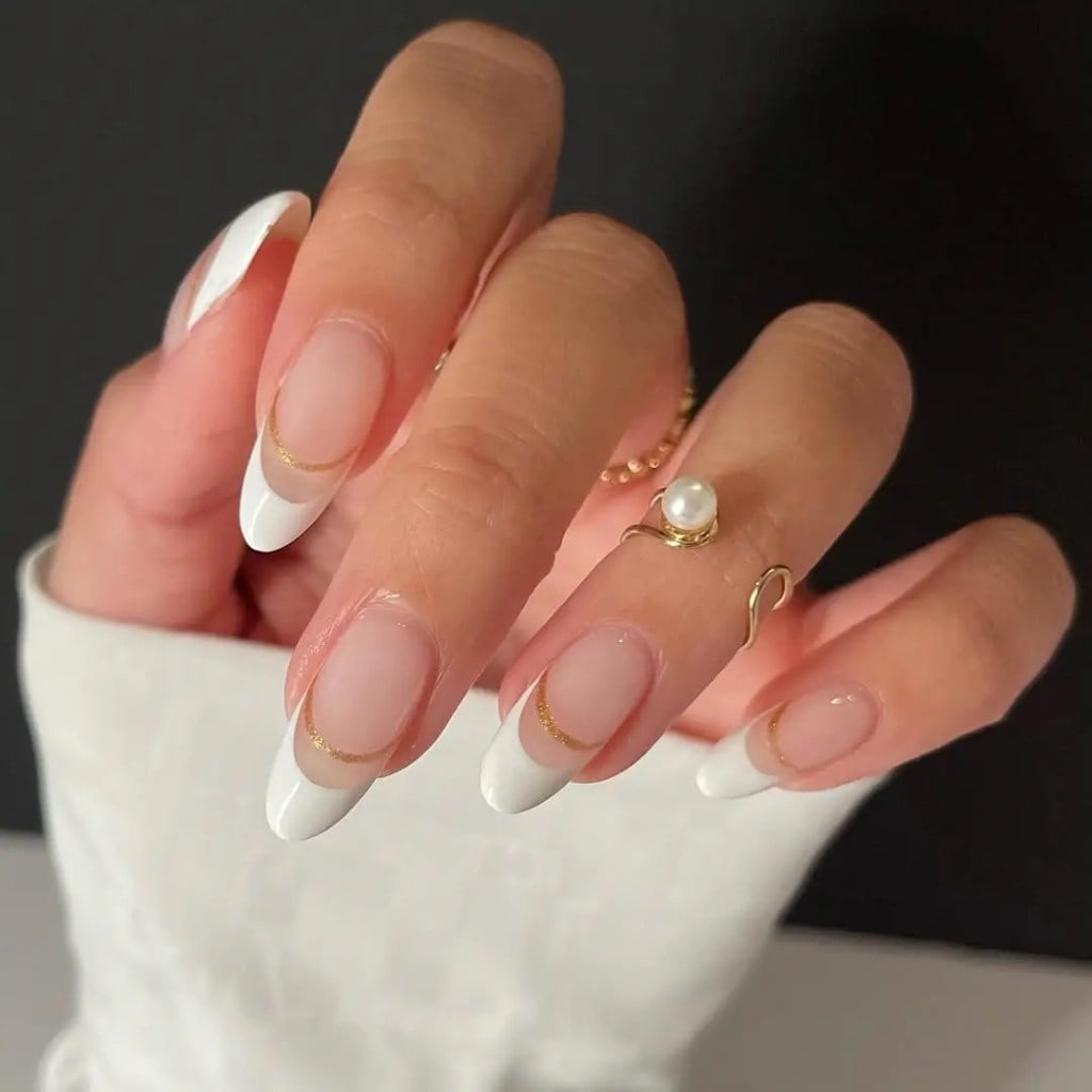 Gold Line Accent White French Almond Gold Line Accent White French Almond — Almond French Tip Nails