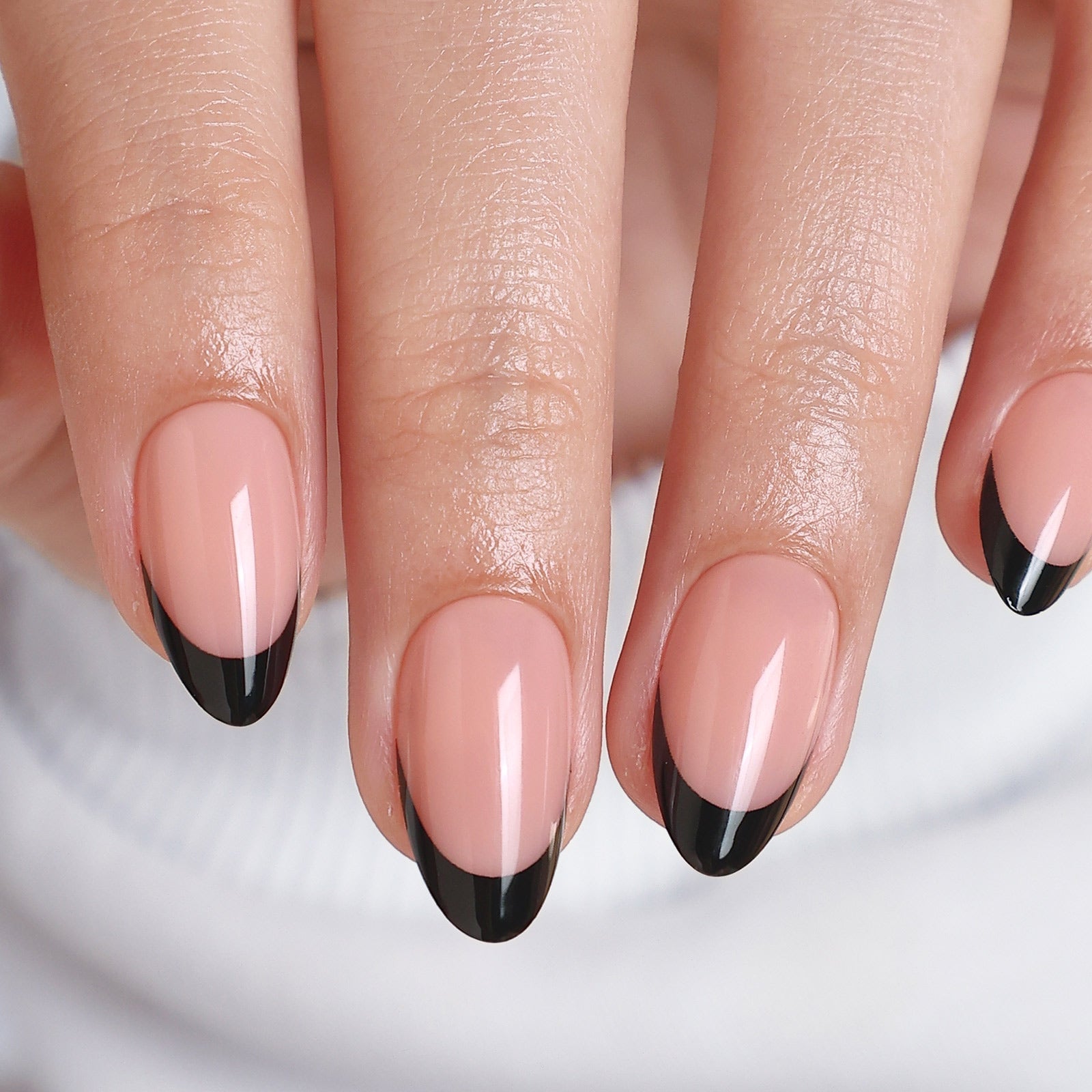 Black French Tip Short Almond Nude Black French Tip Short Almond Nude — Almond French Tip Nails
