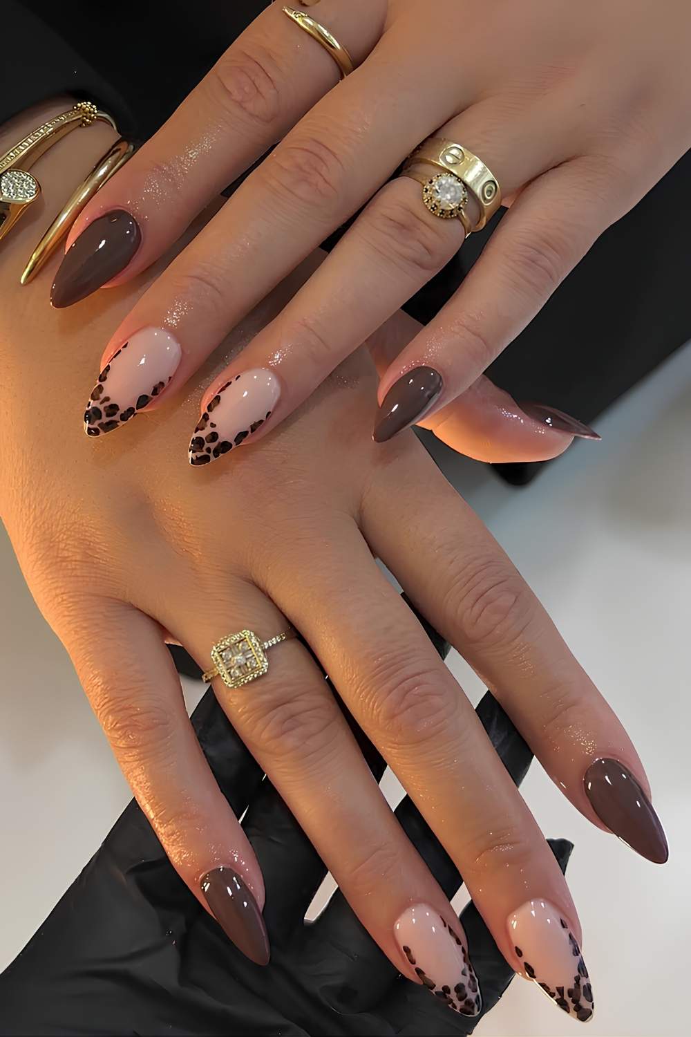 Sheer Nude Leopard Accent with Deep Brown Nails Sheer Nude Leopard Accent with Deep Brown Nails — Animal Print Nails
