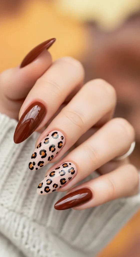 Autumnal Leopard Print Accent with Deep Brown Nails Autumnal Leopard Print Accent with Deep Brown Nails — Animal Print Nails