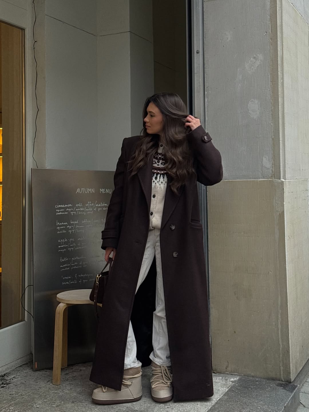 Long Brown Coat Over Fair Isle Cardigan Long Brown Coat Over Fair Isle Cardigan — Apres Ski Outfits
