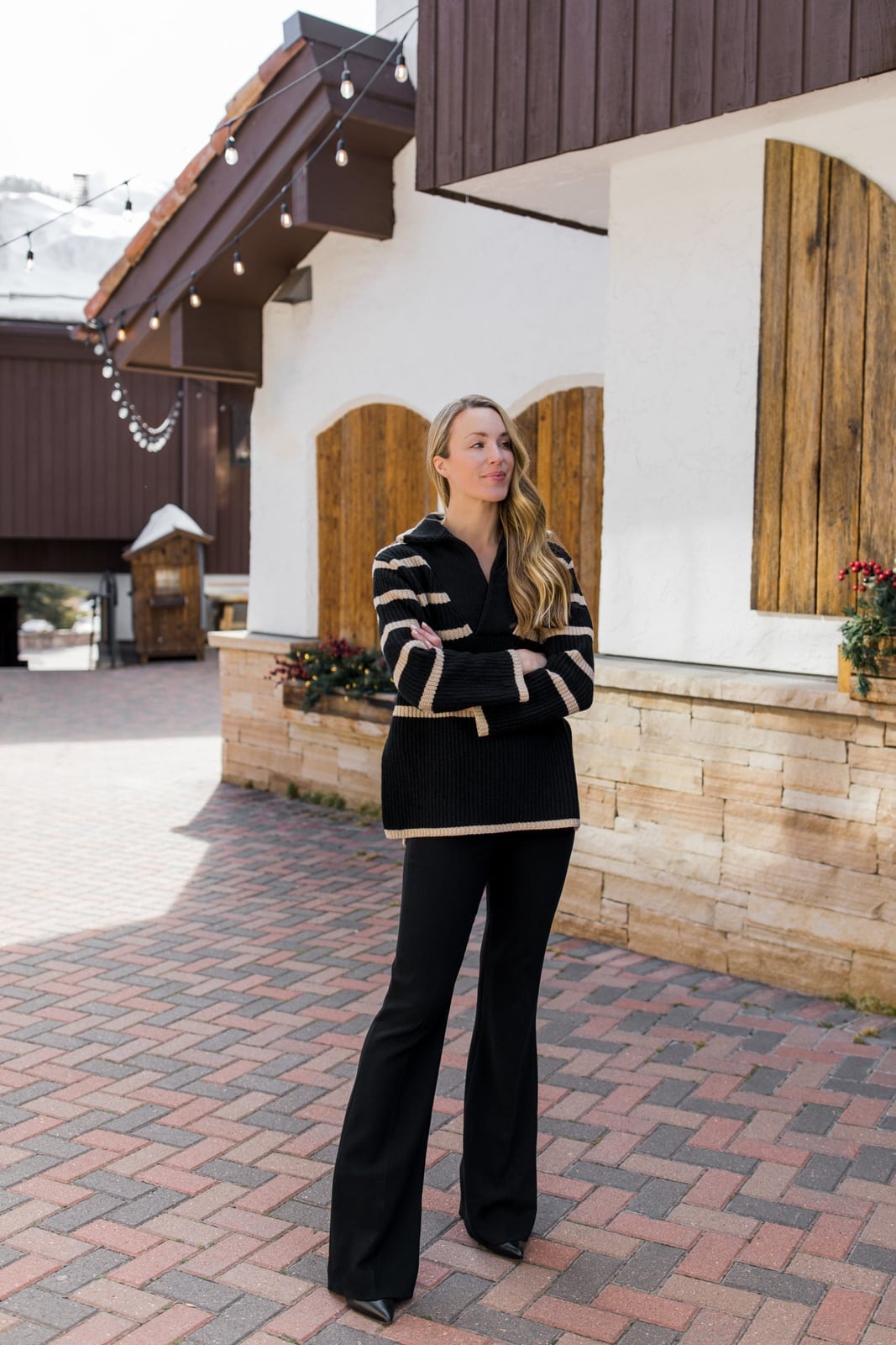 Striped Sweater With Wide Leg Pants, Pointed Toe Heels Striped Sweater With Wide Leg Pants, Pointed Toe Heels — Apres Ski Outfits