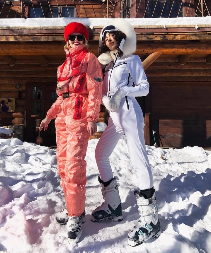 Retro Ski Suits With Fur Hoods, Pink And White Retro Ski Suits With Fur Hoods, Pink And White — Apres Ski Outfits