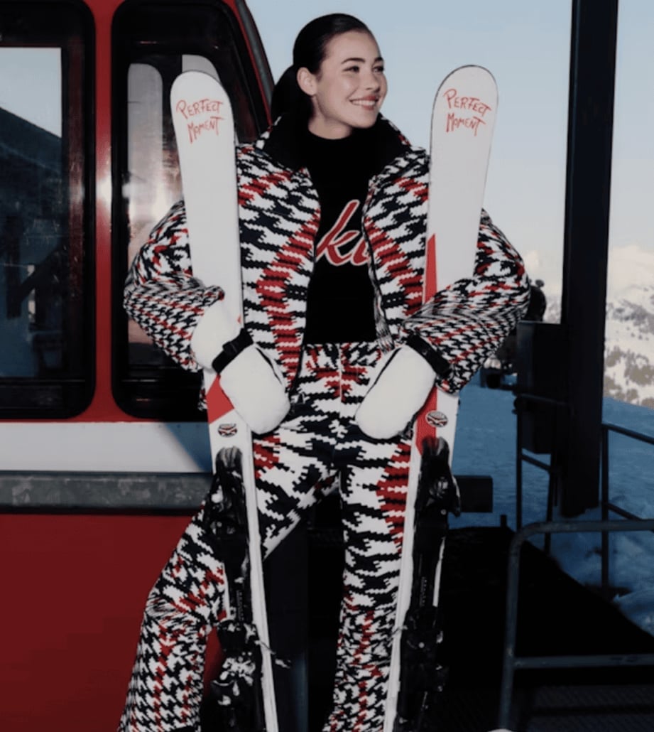 Patterned Ski Suit With White Mittens Patterned Ski Suit With White Mittens — Apres Ski Outfits