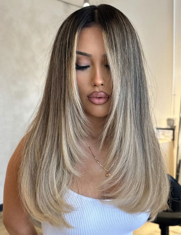 Rooted Ash Blonde Mid-Back With Face Framing Rooted Ash Blonde Mid-Back With Face Framing