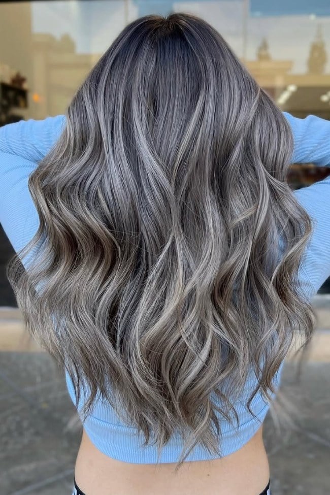 Smoky Ash Blonde Mid-Back With Highlights, Wavy Smoky Ash Blonde Mid-Back With Highlights, Wavy
