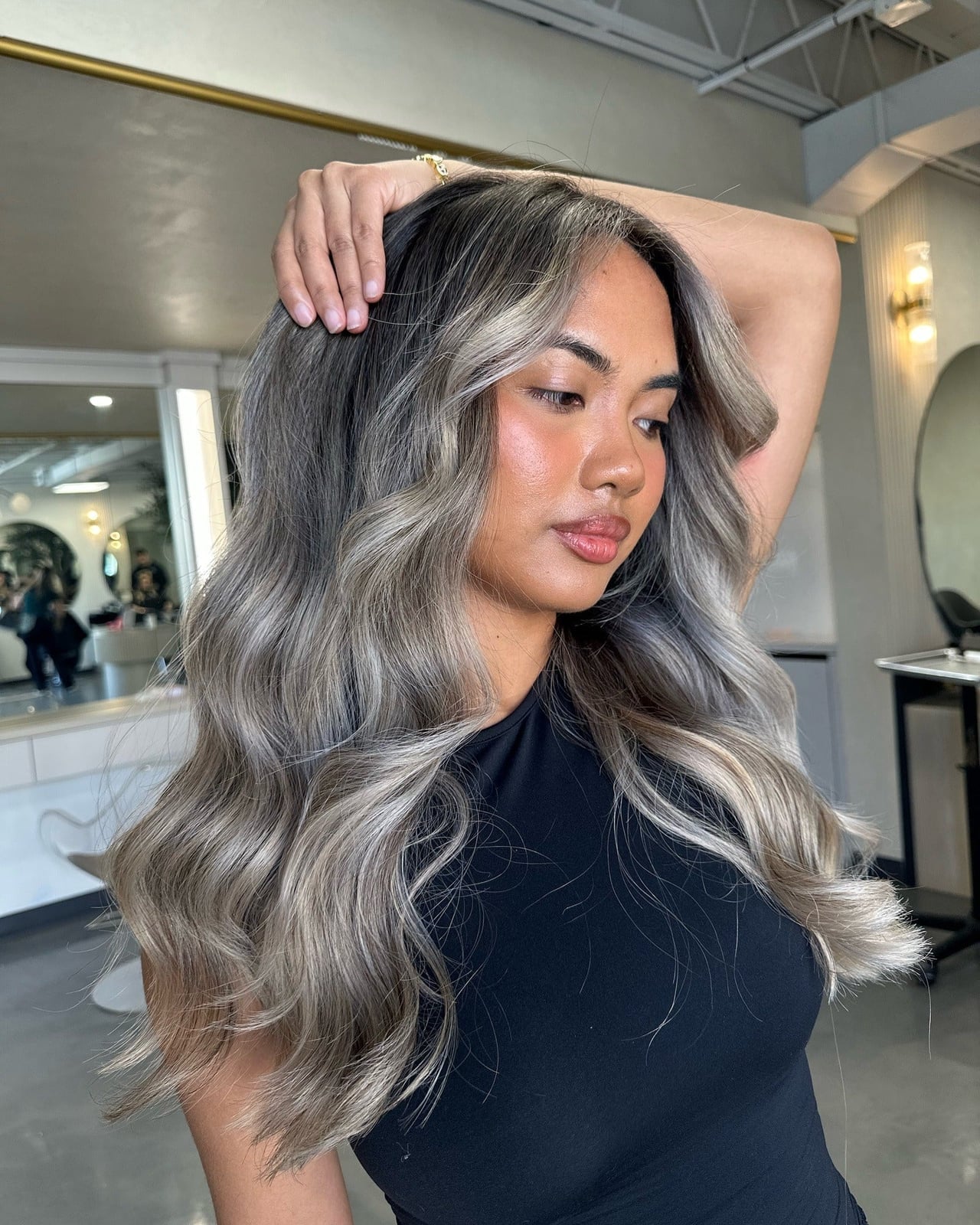 Mid-Back Ash Blonde Balayage With Curtain Bangs Mid-Back Ash Blonde Balayage With Curtain Bangs