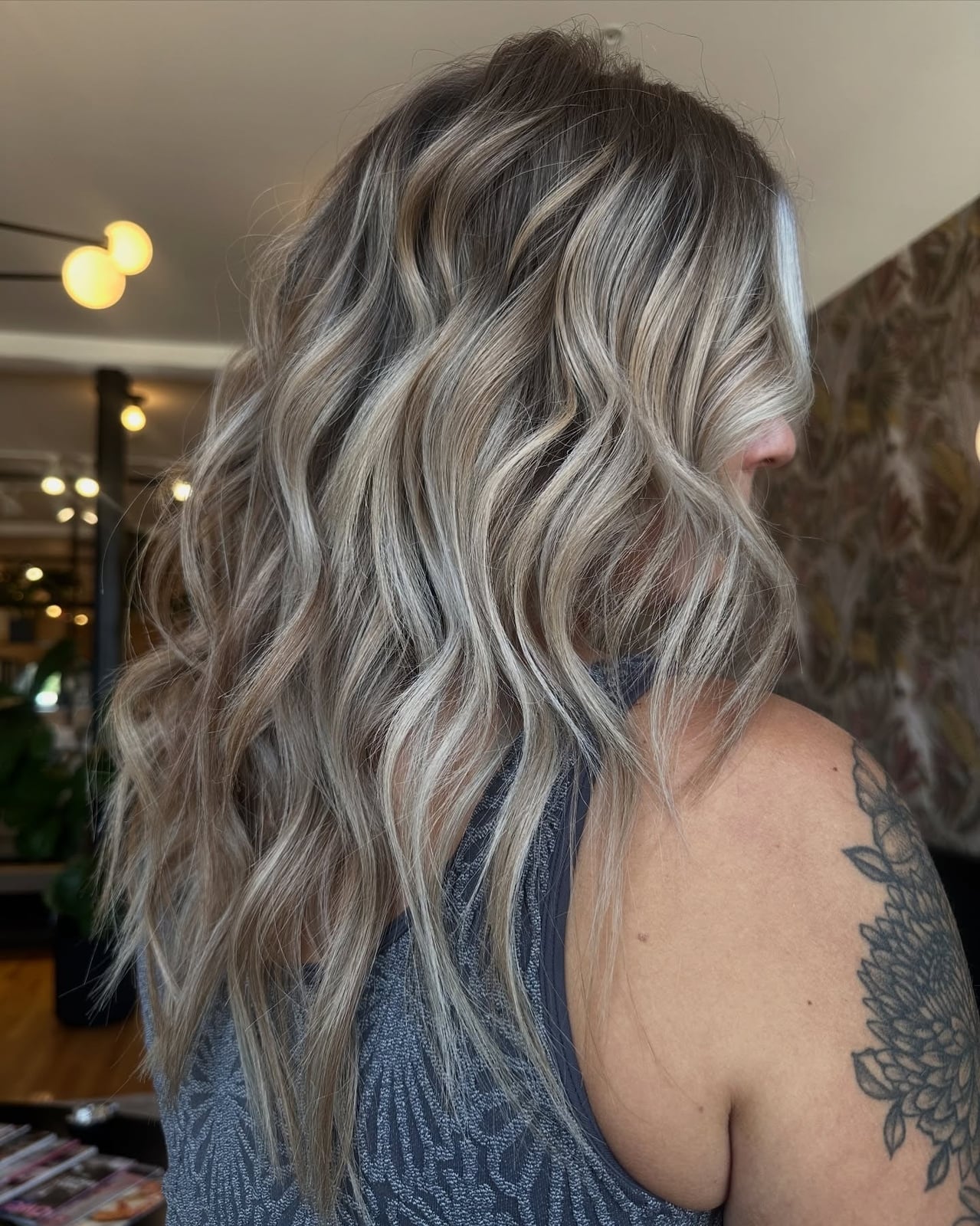 Back View Ash Blonde Balayage With Glossy Finish Back View Ash Blonde Balayage With Glossy Finish