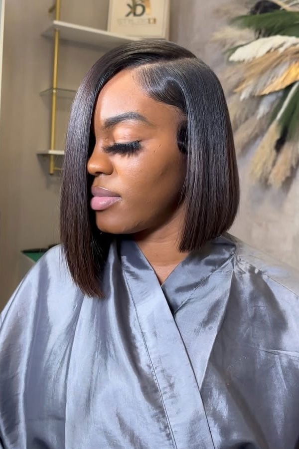 Sleek Dark Brown Angled Bob, Chin Sleek Dark Brown Angled Bob, Chin — Asymmetrical Bob