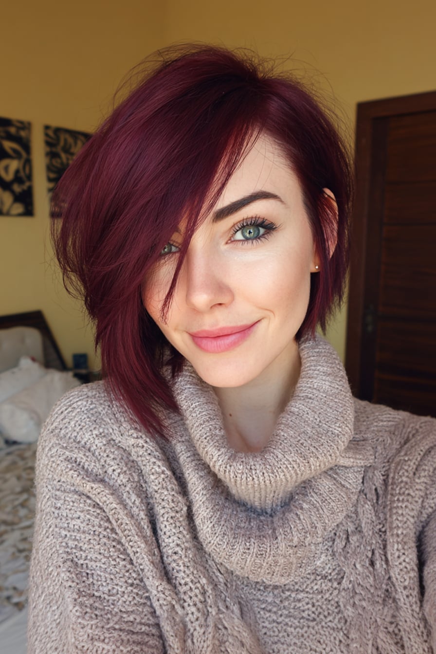 Deep Red Asymmetrical Bob Ear to Collarbone Deep Red Asymmetrical Bob Ear to Collarbone