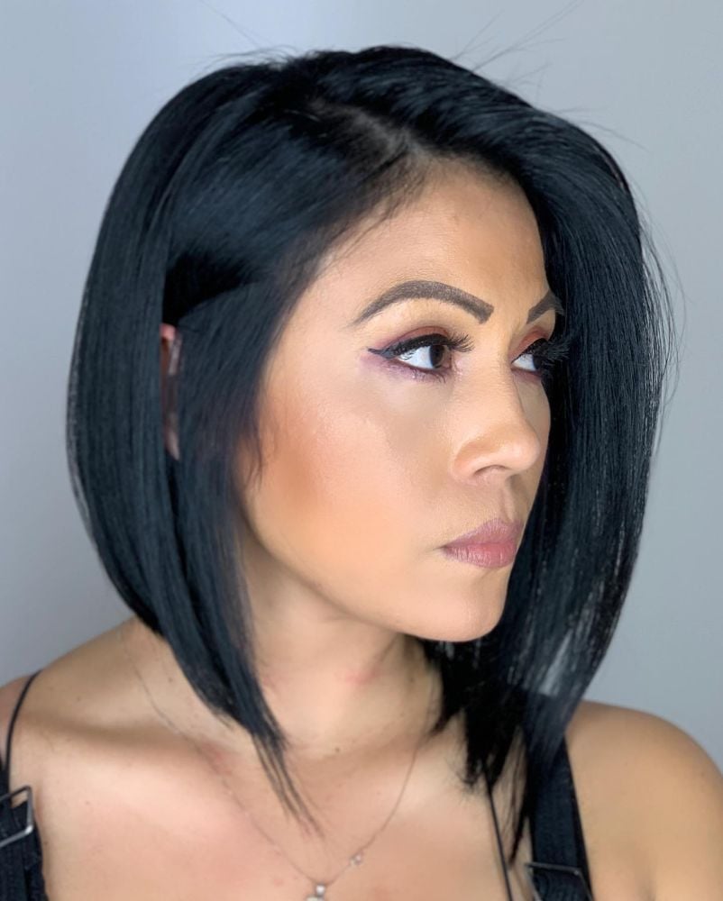 Sleek Black Bob With Angled Cut Sleek Black Bob With Angled Cut — Asymmetrical Bob