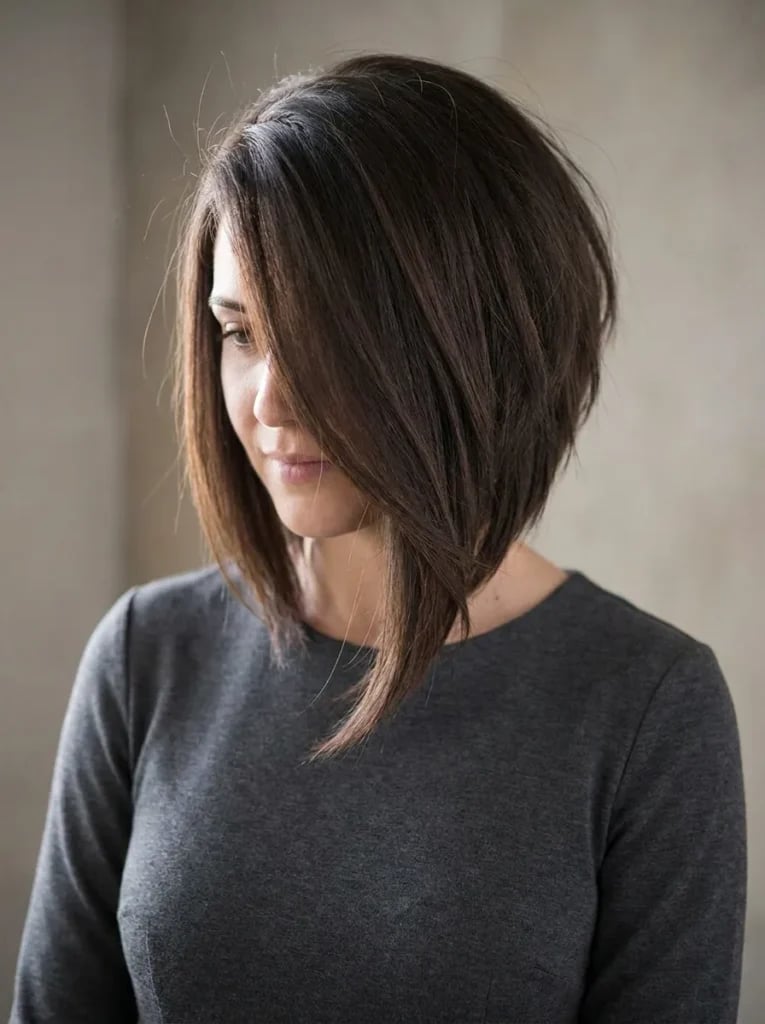 Dramatic Dark Brown Angled Bob Dramatic Dark Brown Angled Bob — Asymmetrical Bob