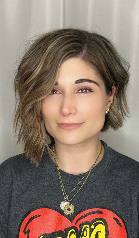 Wavy Dark Brown Bob With Highlights, Collarbone Wavy Dark Brown Bob With Highlights, Collarbone — Asymmetrical Bob