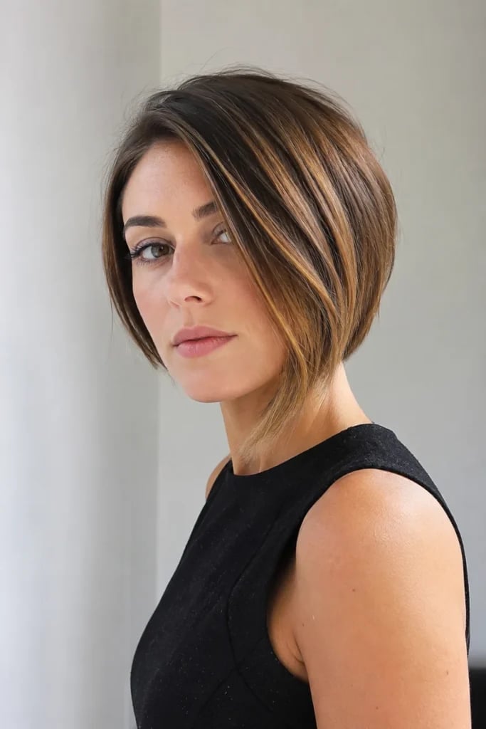 Dark Brown Bob With Blonde Highlights Dark Brown Bob With Blonde Highlights — Asymmetrical Bob