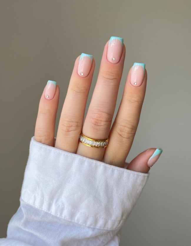 Medium Almond Sheer Pink With Light Blue French and нежный розовый Medium Almond Sheer Pink With Light Blue French and нежный розовый — Baby Blue Nails