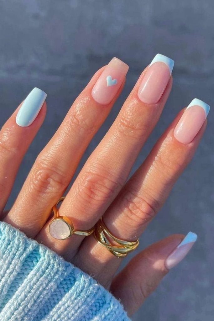 Short Almond Sheer Pink With Blue Heart Tip Short Almond Sheer Pink With Blue Heart Tip — Baby Blue Nails